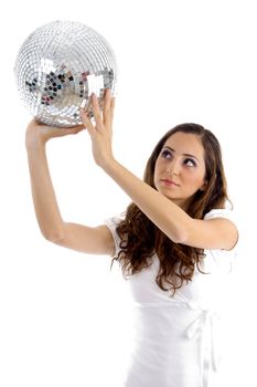 female looking at disco mirror ball on an isolated white background