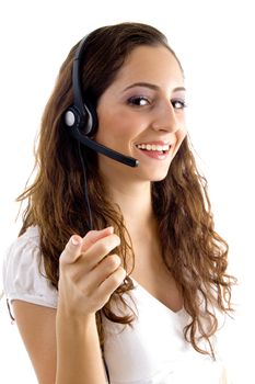call center female pointing at camera on an isolated white background