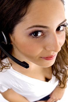 call center woman looking at camera with white background