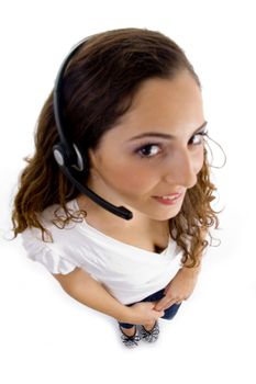 high angle view of call center female against white background