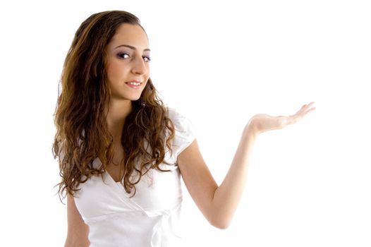 attractive female showing palm  on an isolated background