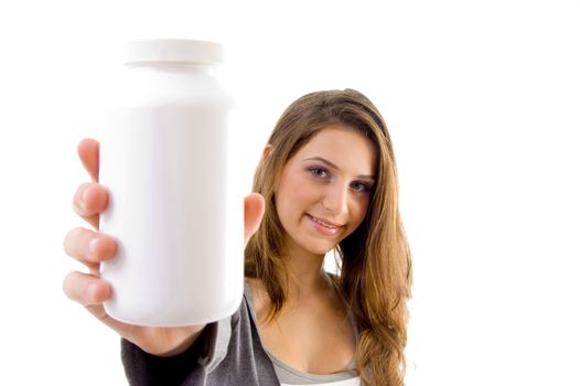 beautiful female showing white bottle with white background