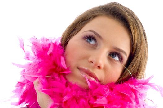 beautiful female wearing feather stole on an isolated background
