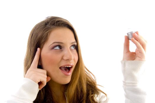 innovative female holding bulb on an isolated background