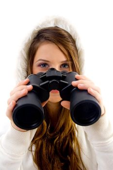 female holding binocular on an isolated white background