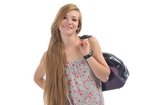 long-haired beautiful girl 16-17 years with road bag, isolated on a white background