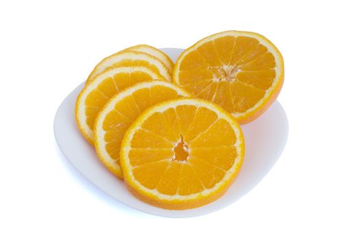 Orange slices are on the plate.
White background.