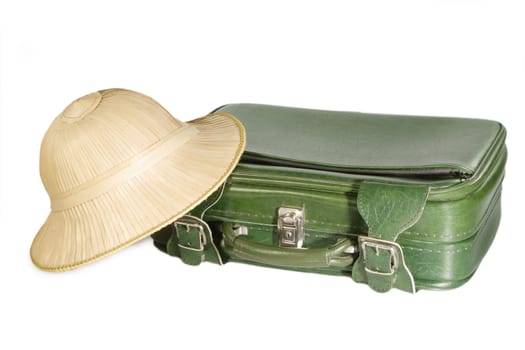 Old suitcase and safari hat - isolated on white background