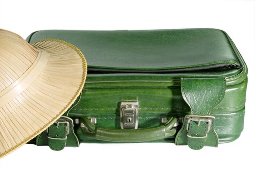 Suitcase with safari hat - isolated on white background