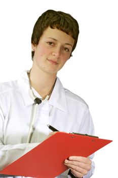 Young attractive female doctor in uniform with stethoscope

