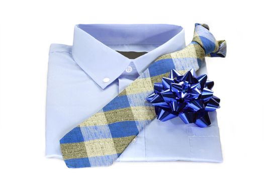Blue shirt with ribbon an a tie isolated on white background