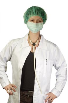 Young attractive female doctor in uniform with stethoscope
