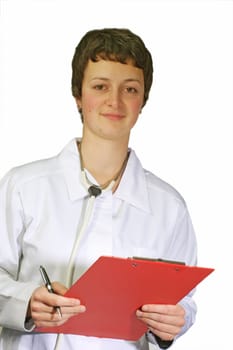 Young attractive female doctor in uniform with stethoscope
