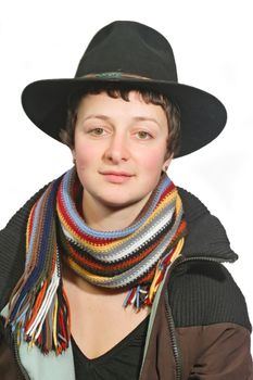 Portrait of a young woman with hat - isolated on white background