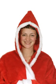 Friendly smiling young santa girl - isolated on white background