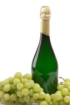 Champagne bottle with grapes and white background 
