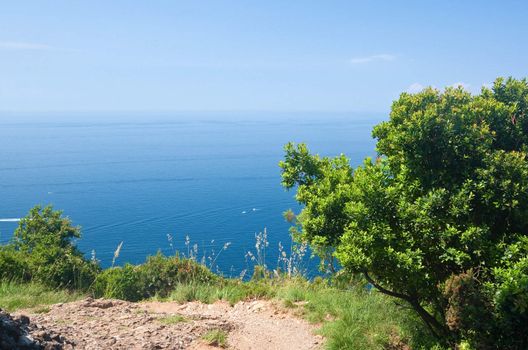 beautiful path over Mediterranean sea in Portofino natural park. Liguria, Italy