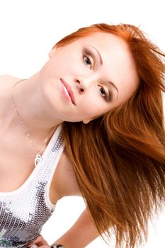 Portrait of redhead teenager girl on isolated white