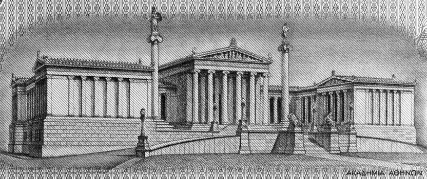 Academy of Athens on 100 Drachmai 1967 banknote from Greece. It is the national academy of Greece, and the highest research establishment in the country. The Academy's main building is one of the major landmarks of Athens.