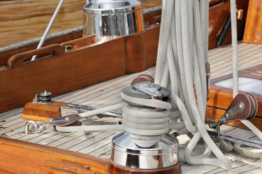 Detail of nautical tools on a wooden boat