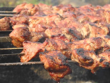 The appetizing slices of meat roasted on fire