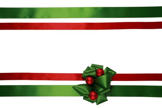 Red and green ribbons with bow, isolated, ready for overlay over a gift box