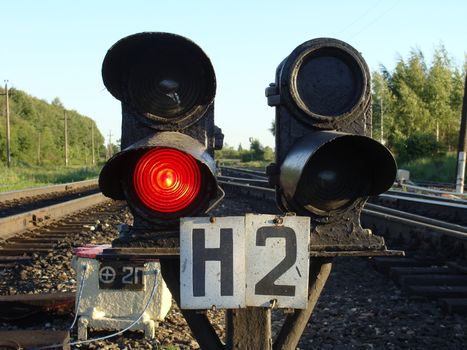 Red signal of a small railway traffic light