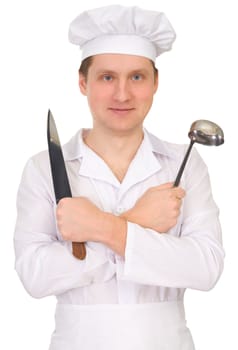 Cook in white overall with the knife and the ladle on a white background
