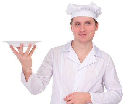 Cook in white overall with the plate a white background