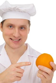 Cook in white overall with orange in hand a white background