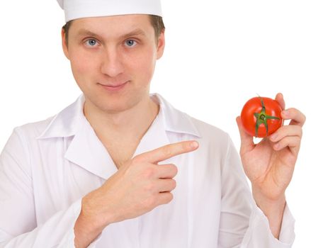 Cook in white overall with tomato in hand a white background