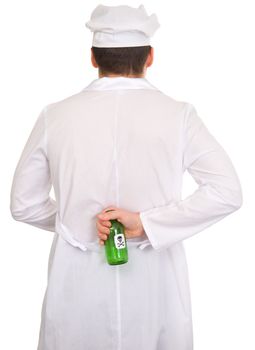 Cook in white overall with green bottle of poison on a white background