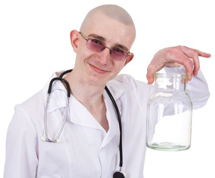 Man in doctor's smock white  with glass jar in hand on the white background