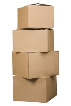 Brown cardboard boxes arranged in stack on white background