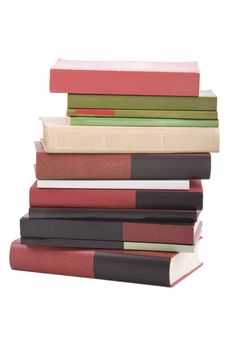 color tower books on white background arranged in stack