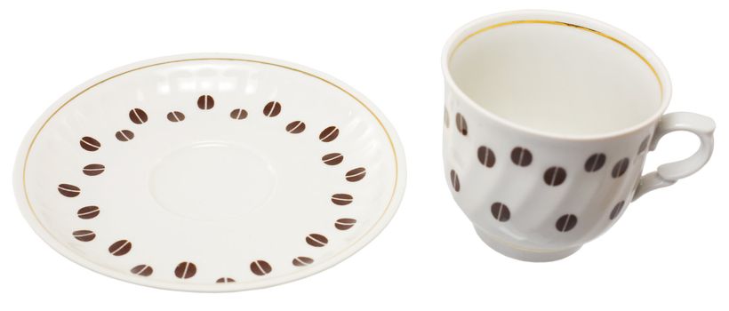 Cup and saucer from coffee set on the white background