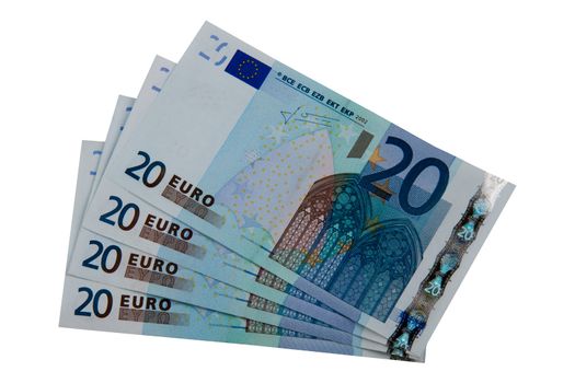 Four 20 euro bills, isolated on white background