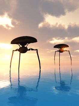 Two invading alien tripods walking the ocean.