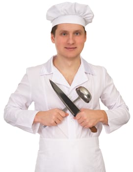 Cook in white overallon with the knife and the ladle on a white background