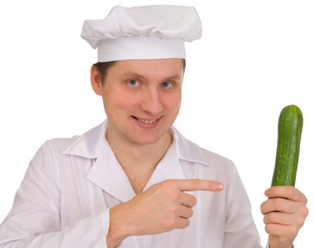 Cook in white overall with cucumber in hand a white background