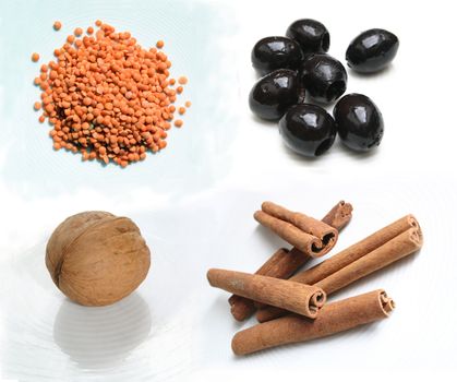 Isolated food ingredients - Lenses Olives Walnut Cinnamon