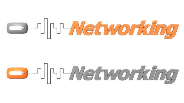 modern computer mouse connected to the word Networking via digital waveform cable - mouse and word both in grey and orange