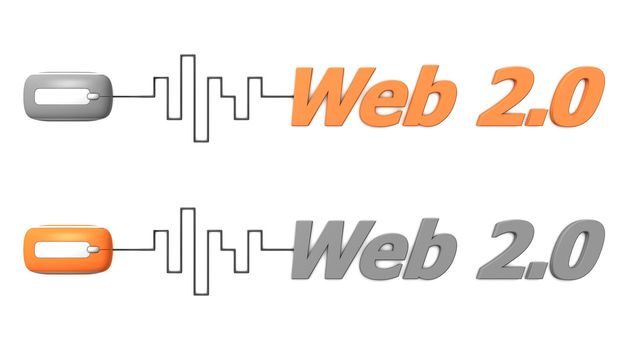 modern computer mouse connected to the word Web 2.0 via digital waveform cable - mouse and word both in grey and orange