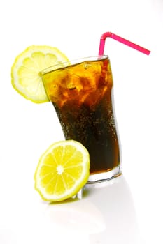 A glass of lemon cola isolated against a white background