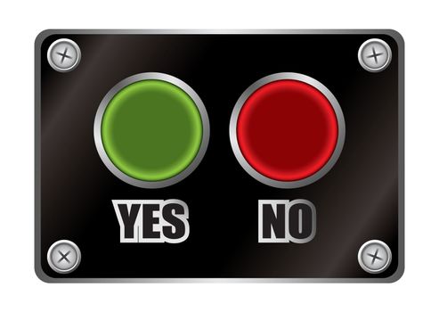 Green and red yes no button with black panel and silver screws