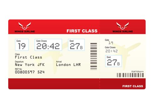 Red first class plane ticket with gate number and seat