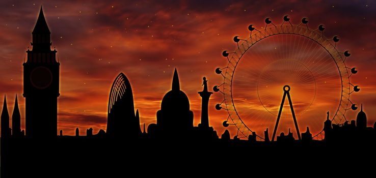 Image of the panorama of London - Big Ben, Big Wheel - at twilight
