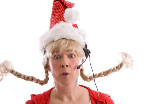 Funny telephone operator with weird hairstyle and christmas hat