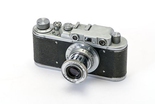  old photo cameras on white background
