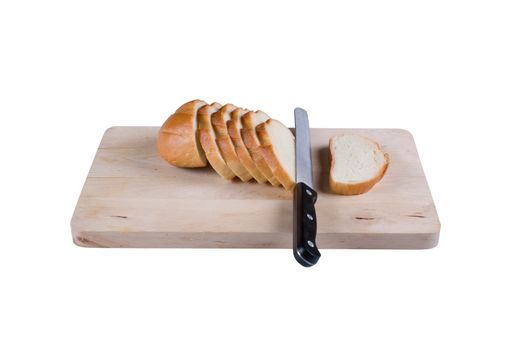 The cut bread on a chopping board. It is isolated, on a white background